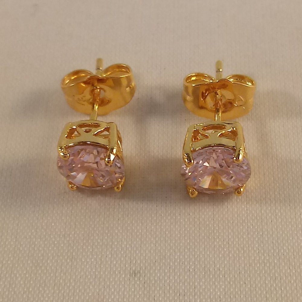 18K Yellow Gold Filled Pink Diamond Zircon Stud Earrings 1.28ctw 7mm Solitaire - Picture 2 of 2